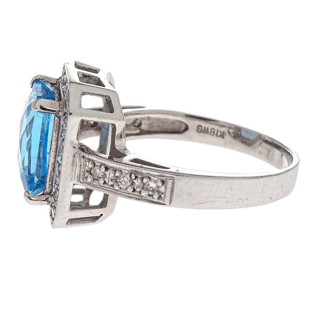 Ring 18KWG Silver Blue Topaz Diamond #52 Jewelry