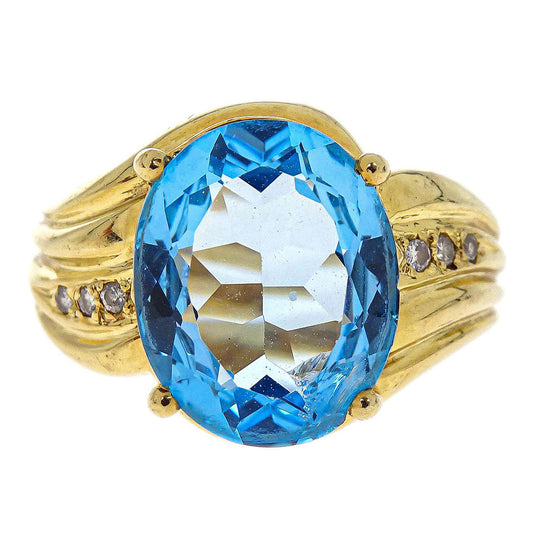 Ring 14K Blue Topaz Diamond Gold #56 Jewelry