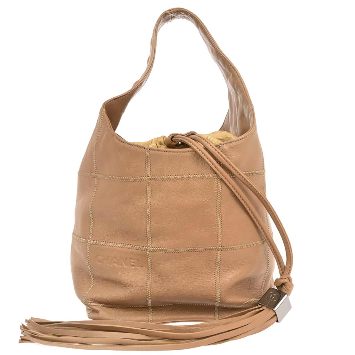 Chanel 2003-2004 Light Brown Calfskin Choco Bar Wild Stitch Drawstring Handbag