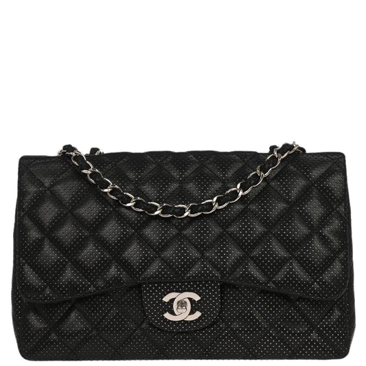 Chanel 2006-2008 Black Perforated Lambskin Jumbo Classic Flap Shoulder Bag
