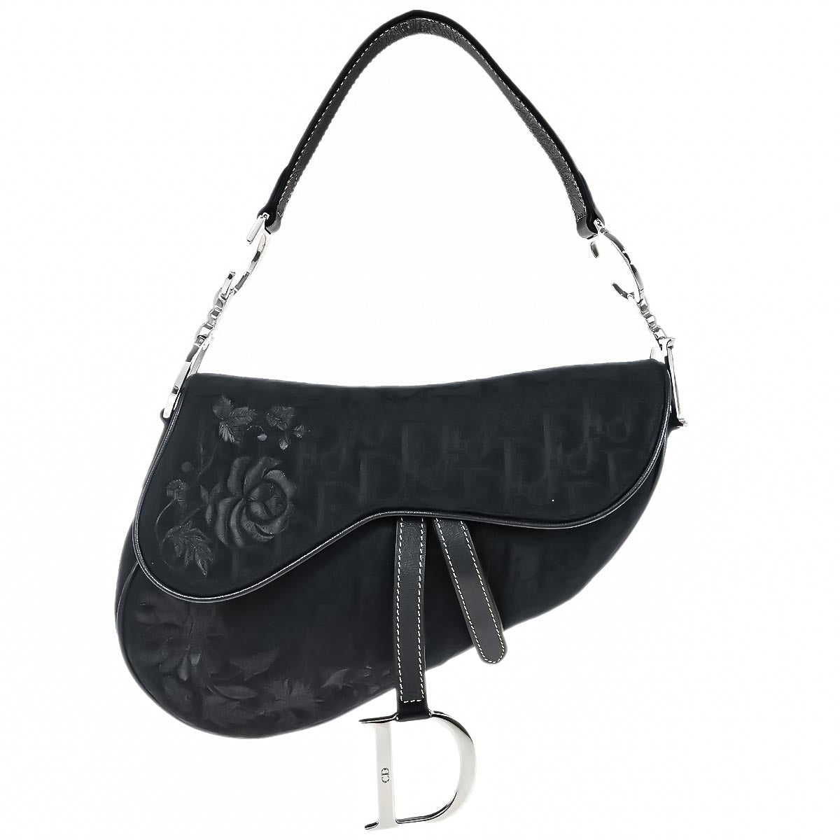 Christian Dior 2005 Black Embroidered Trotter Saddle Handbag