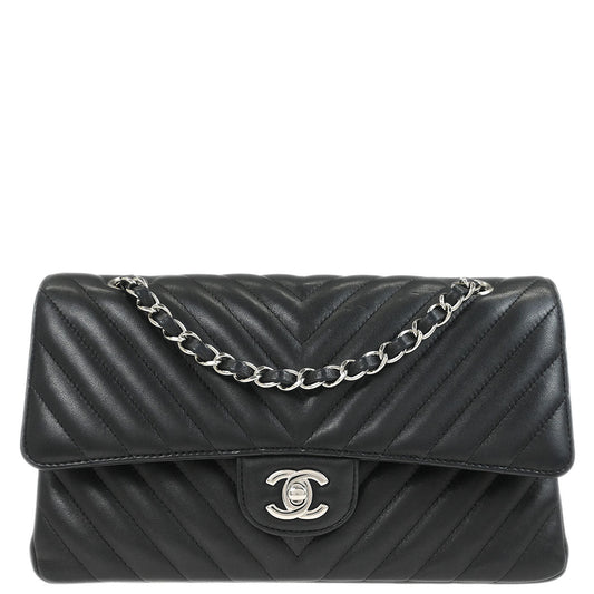 Chanel Black Lambskin Chevron Medium Classic Double Flap Shoulder Bag