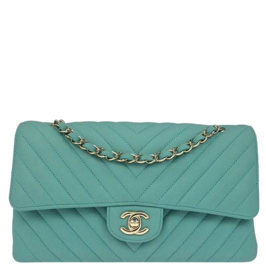 Chanel Green Caviar Skin Chevron Medium Classic Double Flap Shoulder Bag