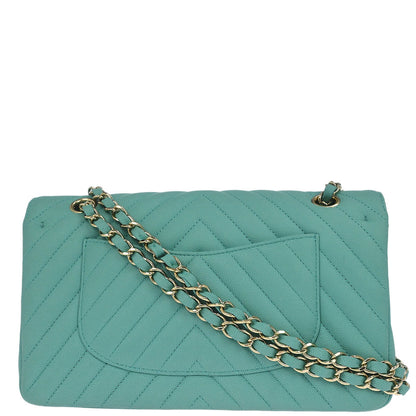 Chanel Green Caviar Skin Chevron Medium Classic Double Flap Shoulder Bag