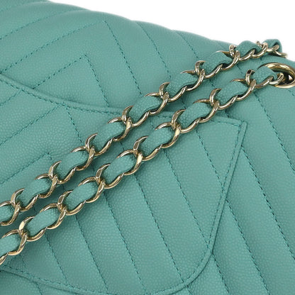 Chanel Green Caviar Skin Chevron Medium Classic Double Flap Shoulder Bag