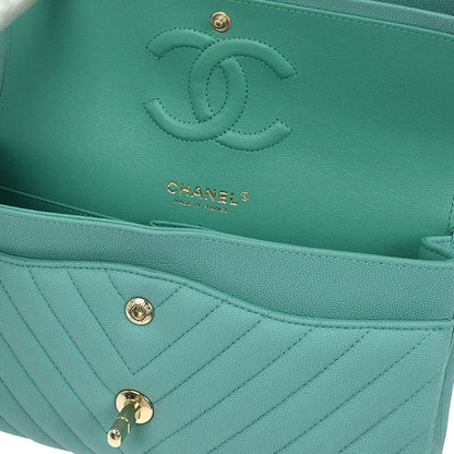 Chanel Green Caviar Skin Chevron Medium Classic Double Flap Shoulder Bag