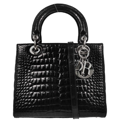 Christian Dior * Black Crocodile Lady Dior 2way Shoulder Handbag