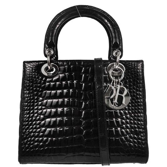 Christian Dior * Black Crocodile Lady Dior 2way Shoulder Handbag