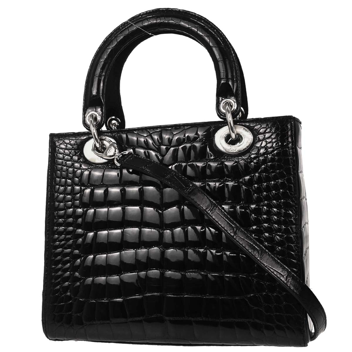 Christian Dior * Black Crocodile Lady Dior 2way Shoulder Handbag