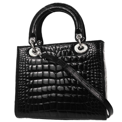Christian Dior * Black Crocodile Lady Dior 2way Shoulder Handbag