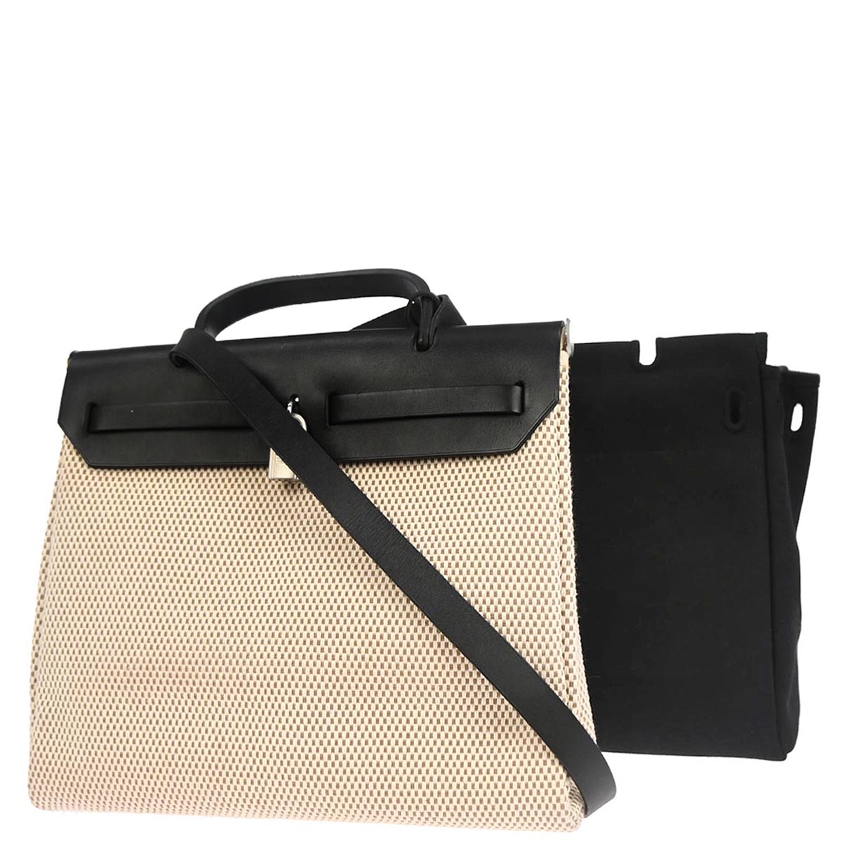 Hermes Black Beige Toile Officier GM Herbag PM 2 in 1 Shoulder Handbag