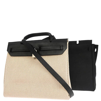 Hermes Black Beige Toile Officier GM Herbag PM 2 in 1 Shoulder Handbag