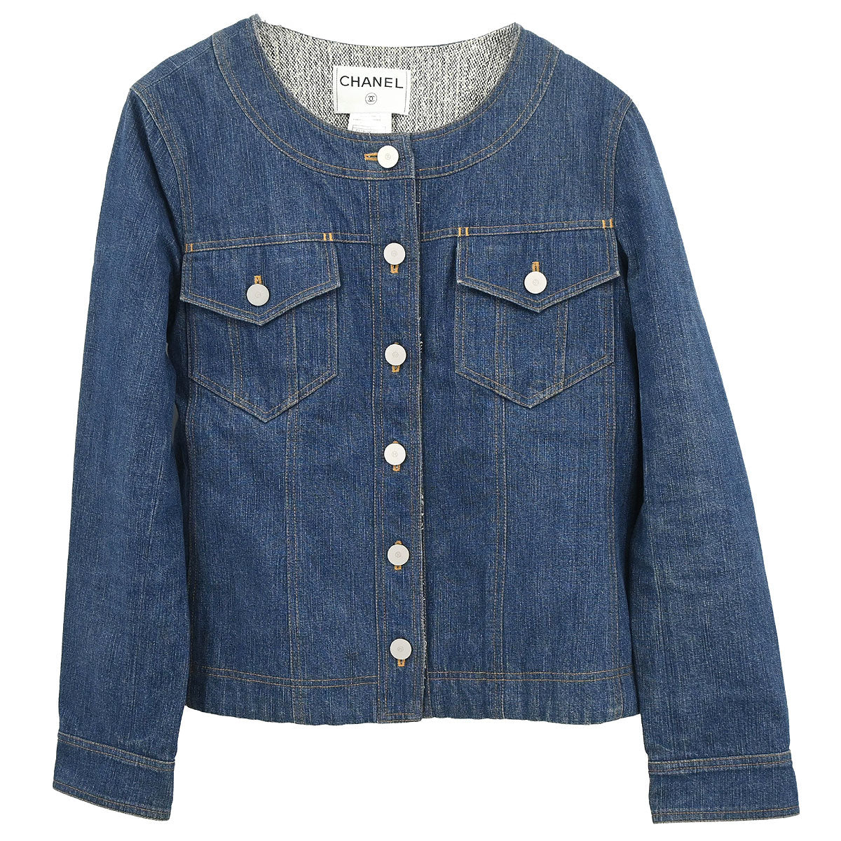 Chanel 1999 Single Breasted Collarless Denim Jacket Blue #40