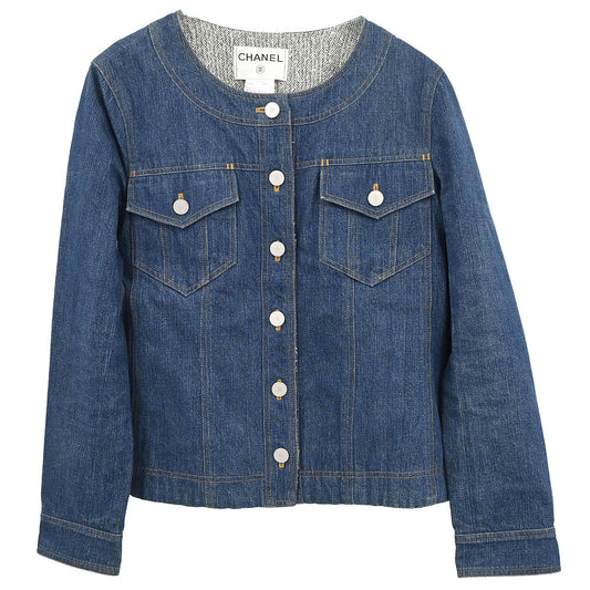 Chanel 1999 Single Breasted Collarless Denim Jacket Blue #40