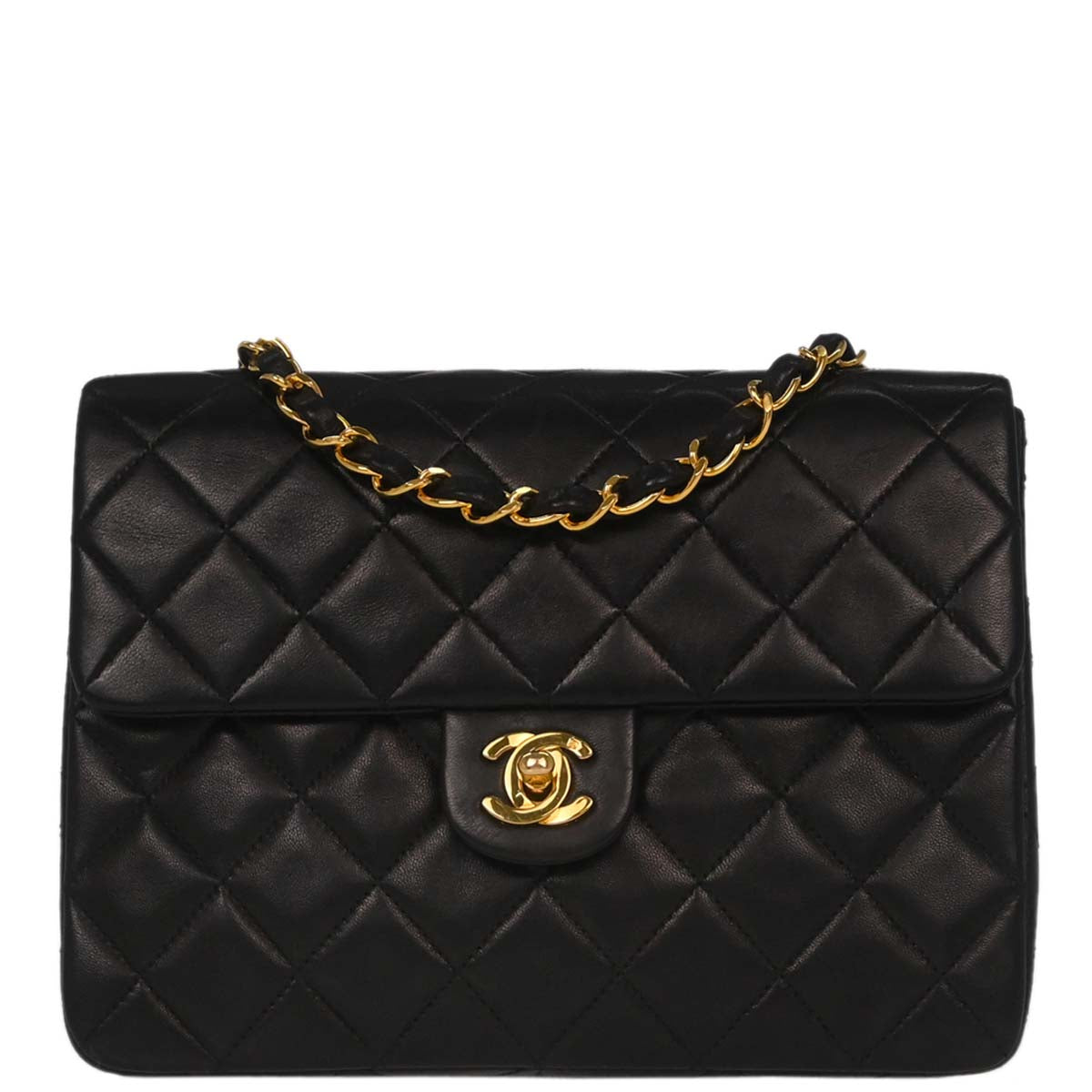Chanel 1991-1994 Black Lambskin Classic Square Flap Shoulder Bag 20