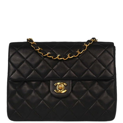 Chanel 1991-1994 Black Lambskin Classic Square Flap Shoulder Bag 20