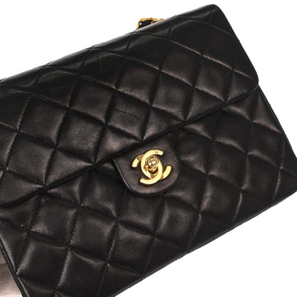 Chanel 1991-1994 Black Lambskin Classic Square Flap Shoulder Bag 20