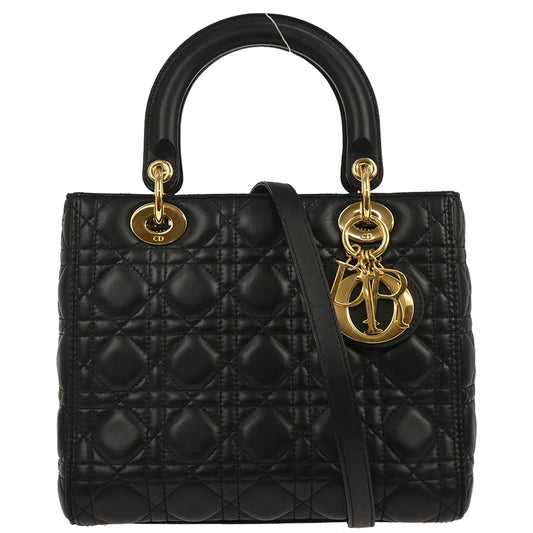 Christian Dior Black Lambskin Lady Dior Cannage 2way Shoulder Handbag