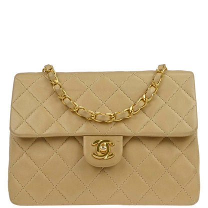 Chanel Beige Lambskin Classic Square Flap Shoulder Bag 20