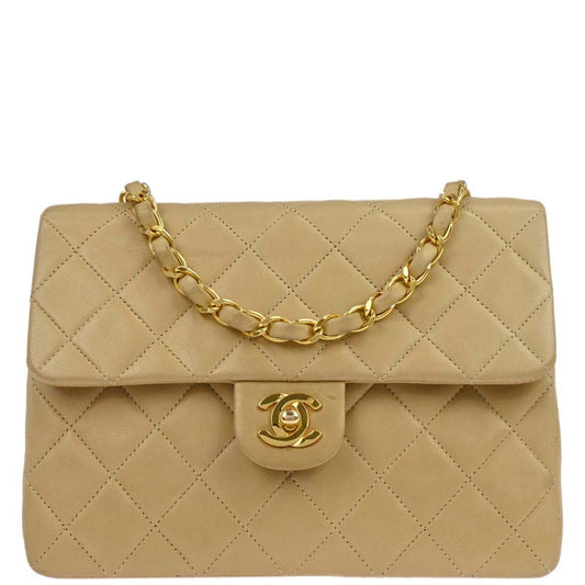 Chanel Beige Lambskin Classic Square Flap Shoulder Bag 20