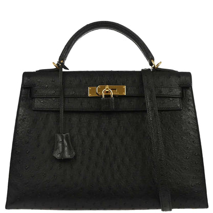 Hermes * Black Ostrich Kelly 32 Sellier 2way Shoulder Handbag