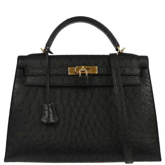 Hermes * Black Ostrich Kelly 32 Sellier 2way Shoulder Handbag