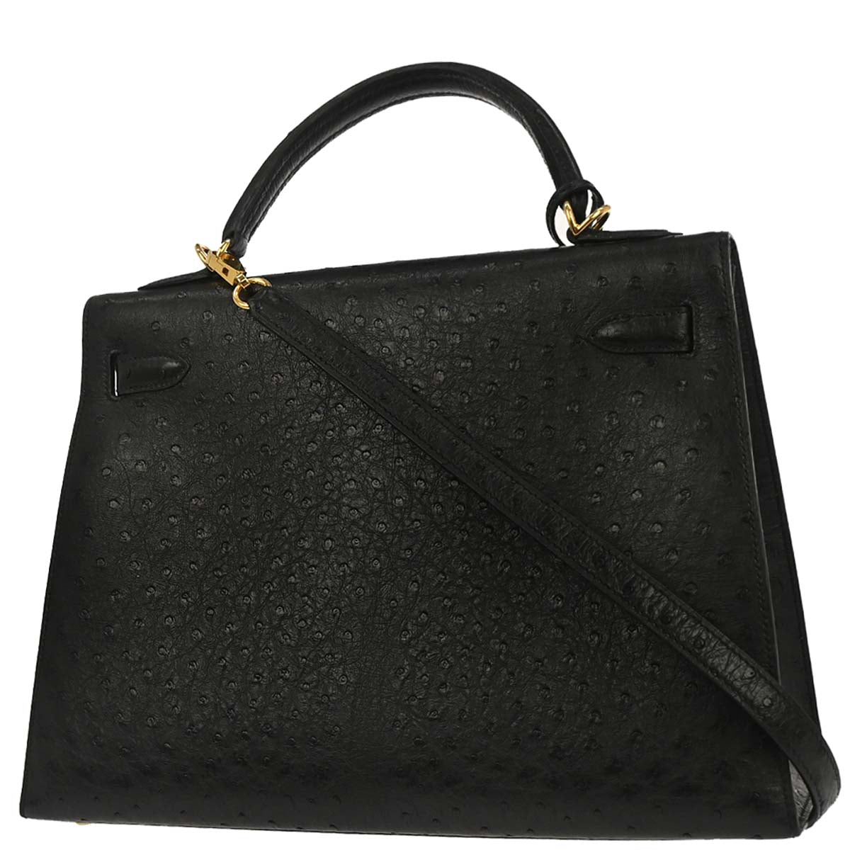 Hermes * Black Ostrich Kelly 32 Sellier 2way Shoulder Handbag