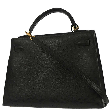 Hermes * Black Ostrich Kelly 32 Sellier 2way Shoulder Handbag