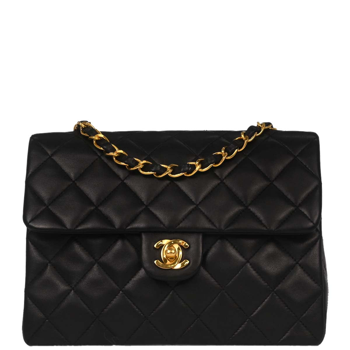 Chanel 1991-1994 Black Lambskin Classic Square Flap Shoulder Bag 20