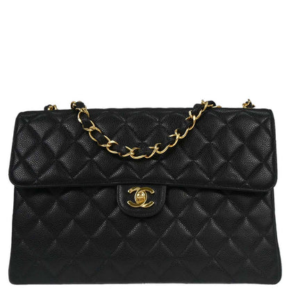 Chanel 1997-1999 Black Caviar Skin Jumbo Classic Flap Shoulder Bag