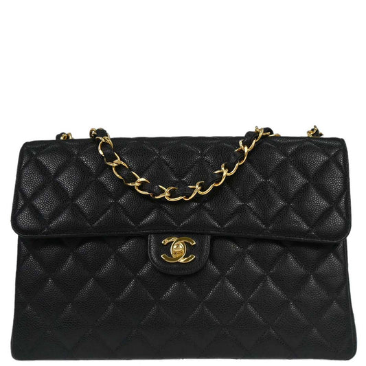 Chanel 1997-1999 Black Caviar Skin Jumbo Classic Flap Shoulder Bag
