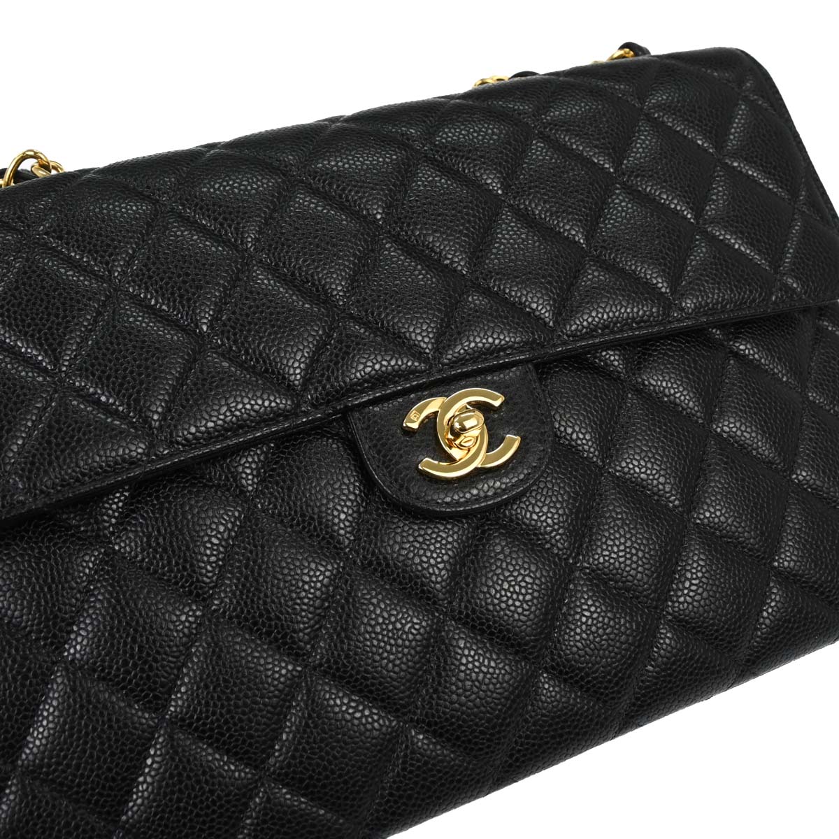 Chanel 1997-1999 Black Caviar Skin Jumbo Classic Flap Shoulder Bag