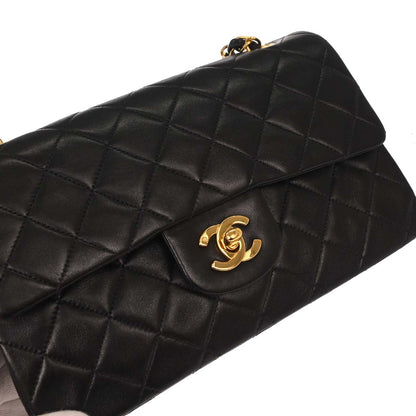 Chanel 1991-1994 Black Lambskin Small Classic Double Flap Shoulder Bag