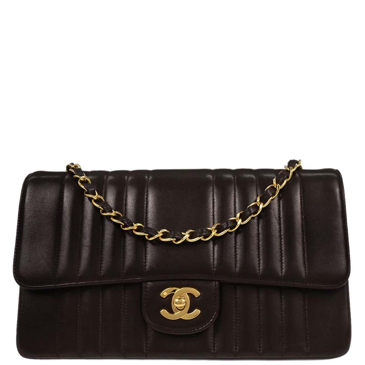 Chanel 1991-1994 Brown Lambskin Mademoiselle Single Flap Shoulder Bag