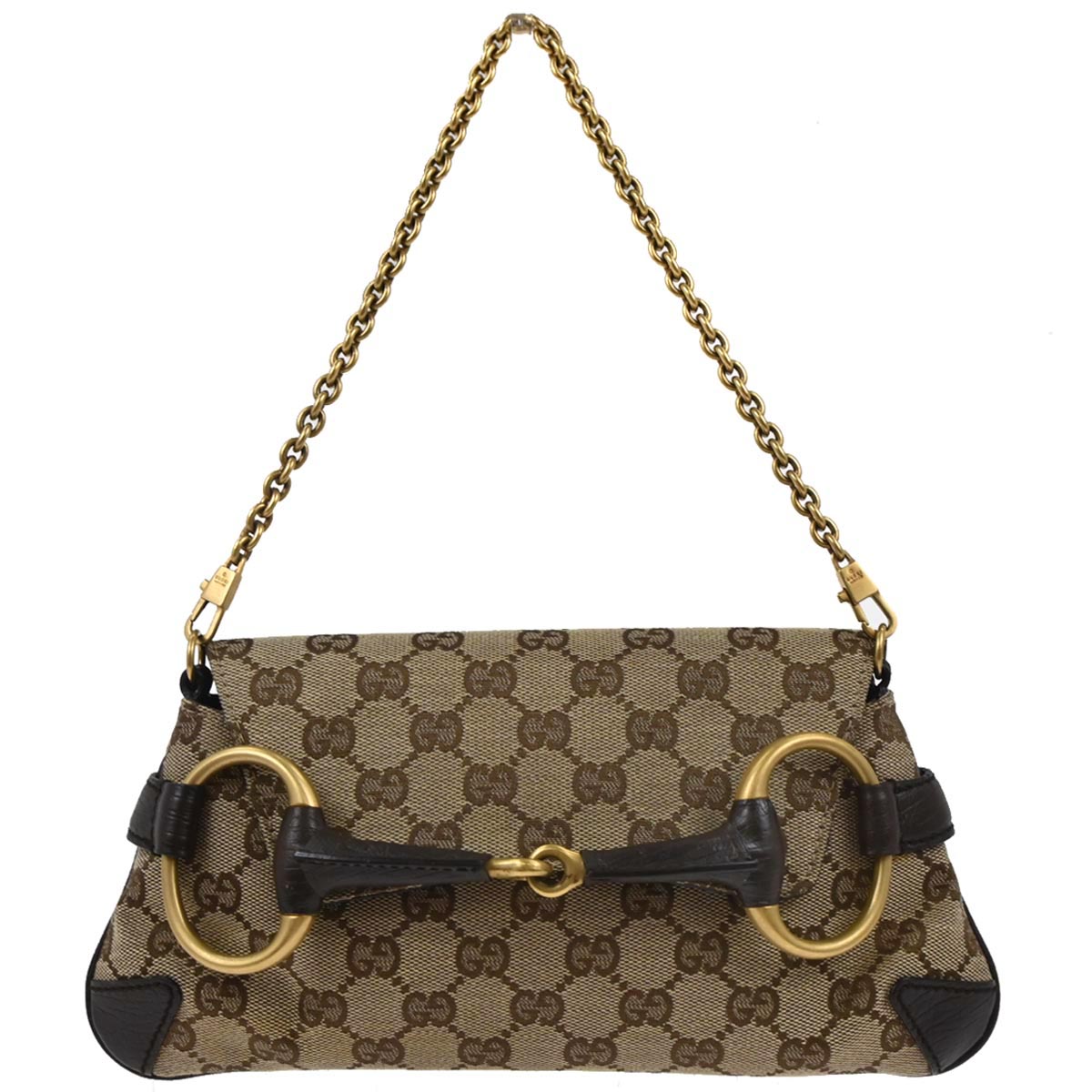Gucci Beige Canvas GG Horsebit Clutch Chain Handbag