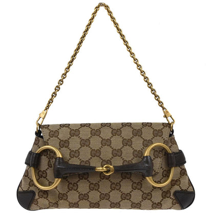 Gucci Beige Canvas GG Horsebit Clutch Chain Handbag