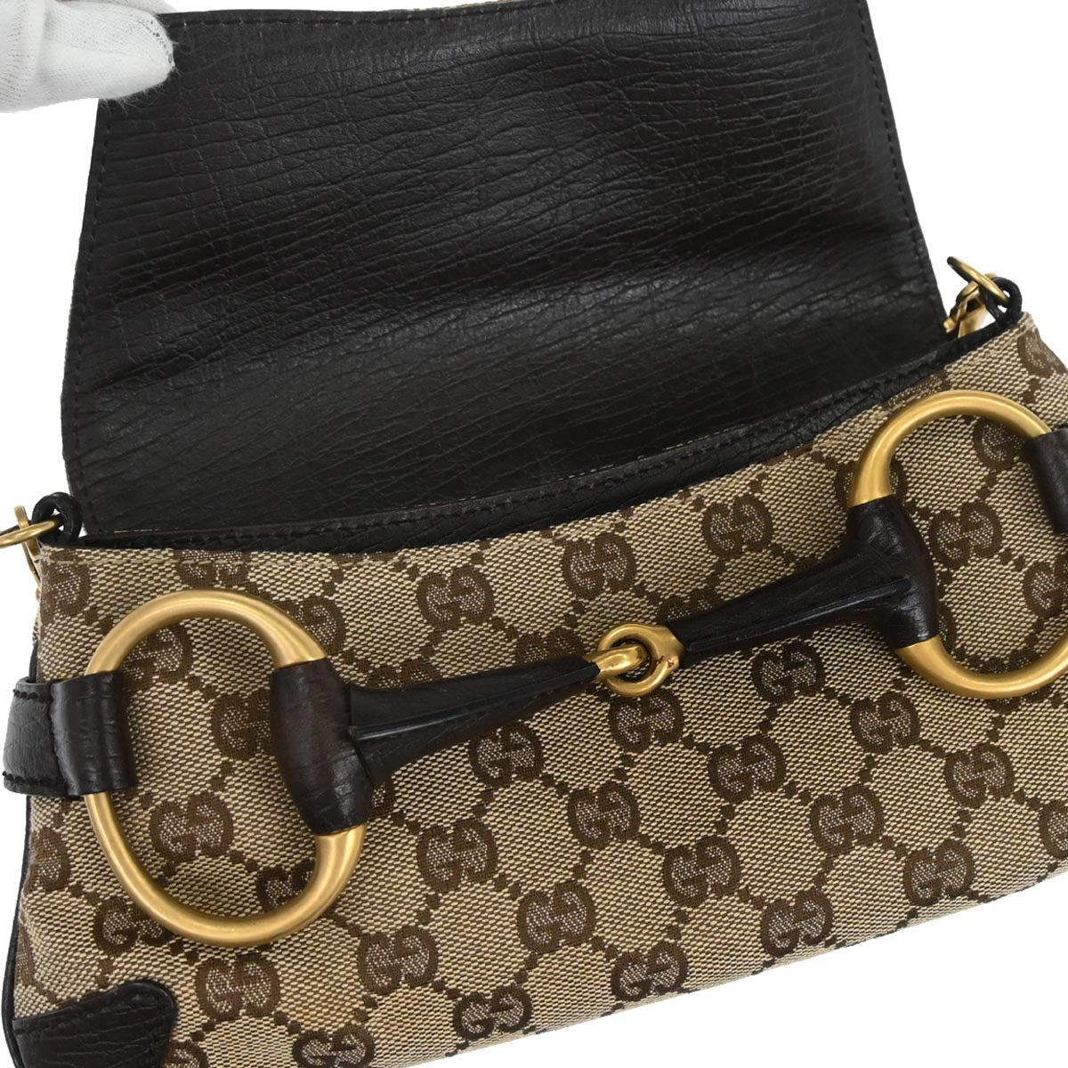 Gucci Beige Canvas GG Horsebit Clutch Chain Handbag