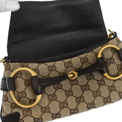 Gucci Beige Canvas GG Horsebit Clutch Chain Handbag