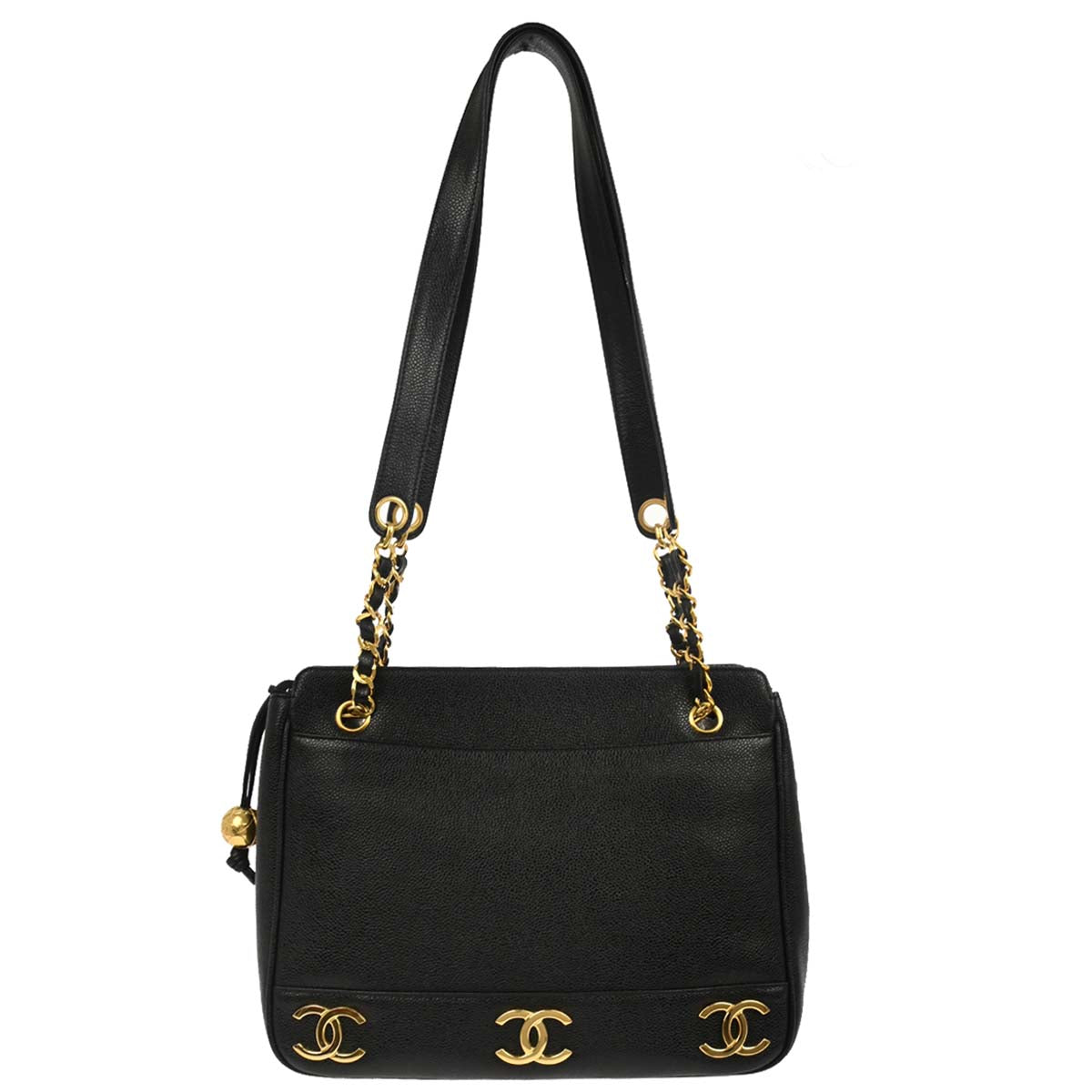 Chanel 1994-1996 Black Caviar Skin Triple CC Shoulder Tote Bag