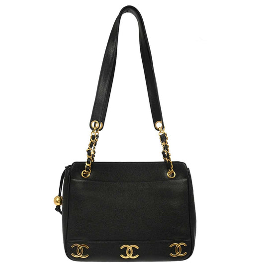 Chanel 1994-1996 Black Caviar Skin Triple CC Shoulder Tote Bag