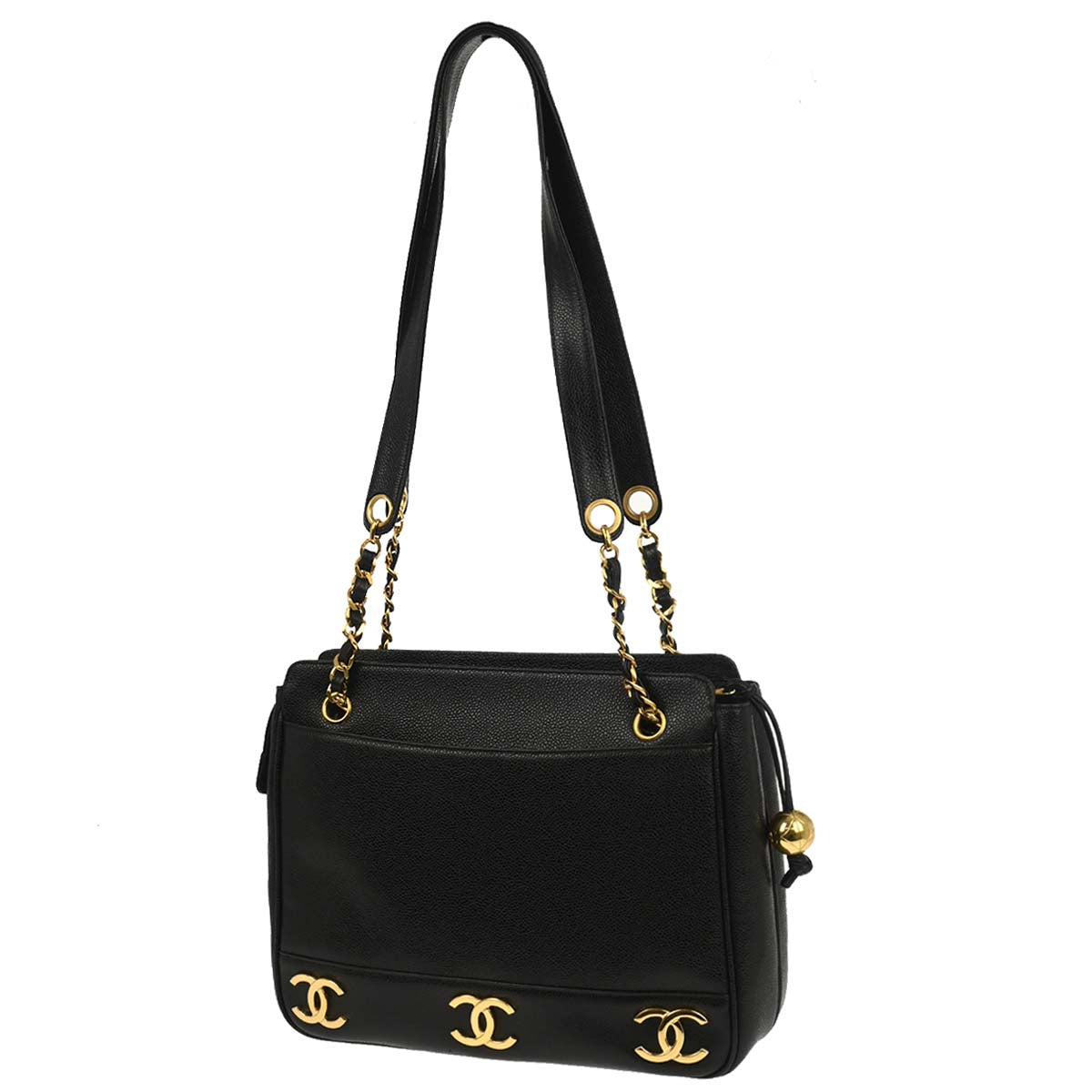 Chanel 1994-1996 Black Caviar Skin Triple CC Shoulder Tote Bag