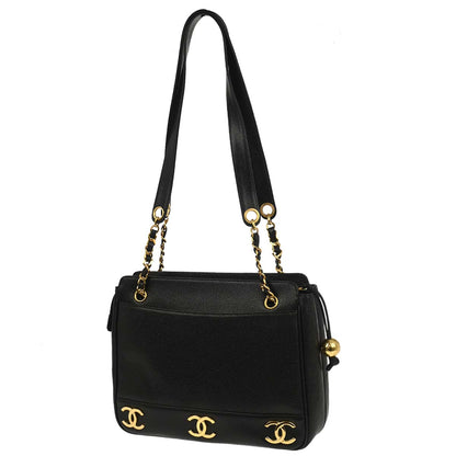 Chanel 1994-1996 Black Caviar Skin Triple CC Shoulder Tote Bag
