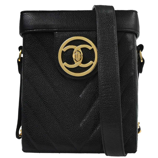 Chanel 1991-1994 Black Caviar Skin Chevron Vanity Shoulder Bag