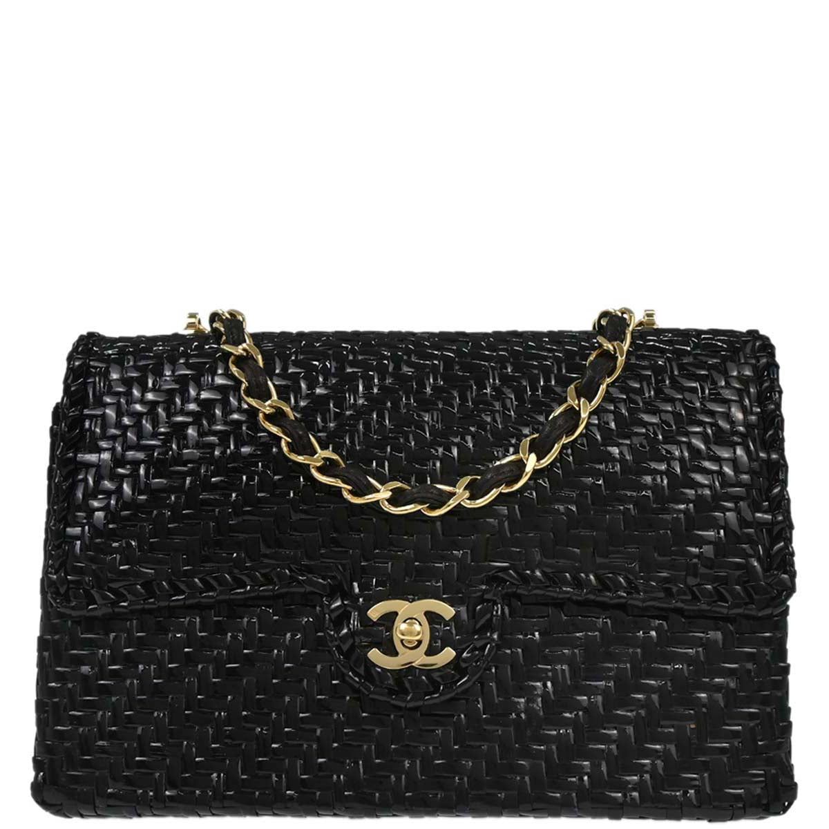 Chanel 2000-2002 Black Rattan Wicker Flap Medium Single Flap Shoulder Bag