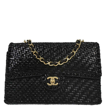 Chanel 2000-2002 Black Rattan Wicker Flap Medium Single Flap Shoulder Bag