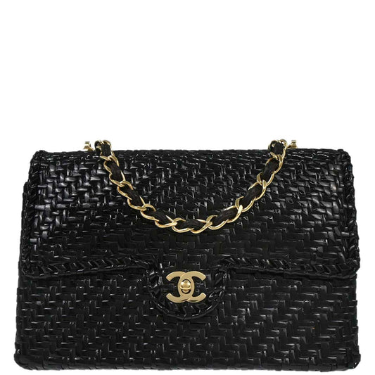 Chanel 2000-2002 Black Ratan Wicker Flap Medium Single Flap Shoulder Bag