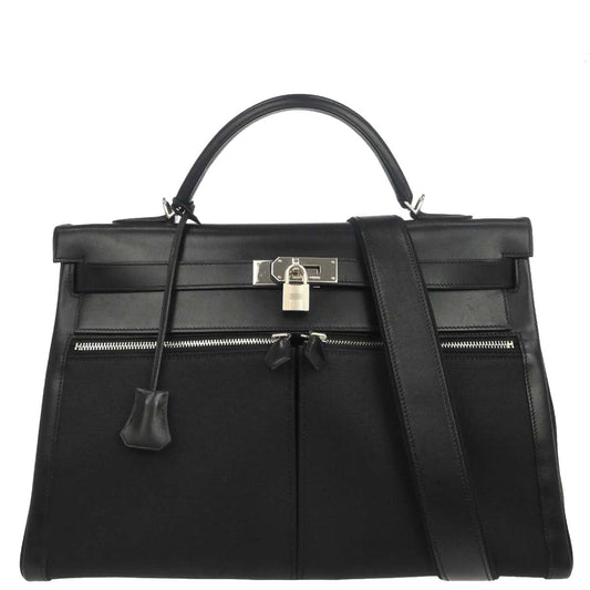 Hermes Black Toile Officier Box Calf Kelly Lakis 40 2way Shoulder Handbag