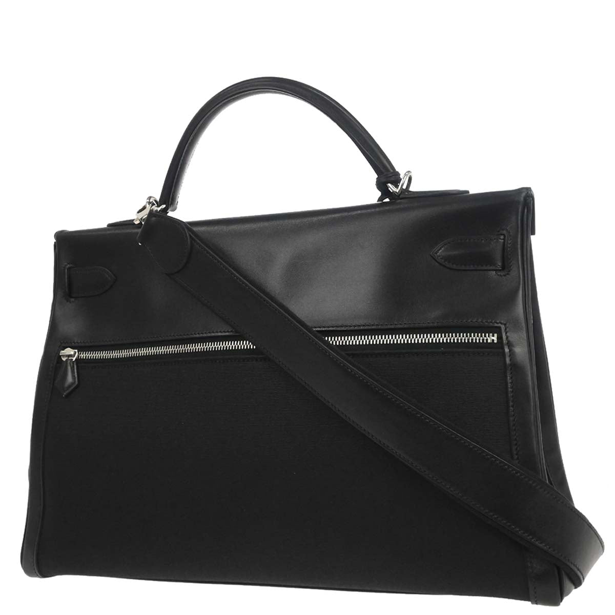 Hermes Black Toile Officier Box Calf Kelly Lakis 40 2way Shoulder Handbag