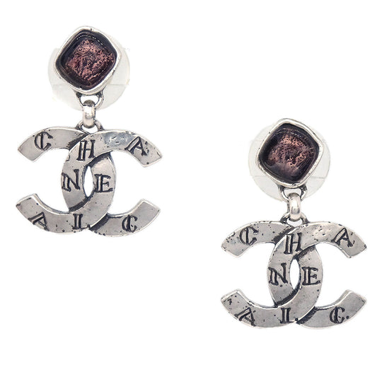Chanel CC Dangle Pierced Earrings Silver Gripoix 99A