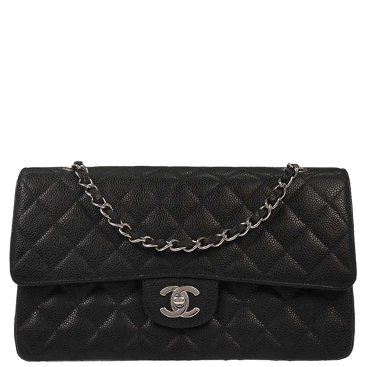 Chanel 2000-2002 Black Caviar Skin Medium Classic Double Flap Shoulder Bag